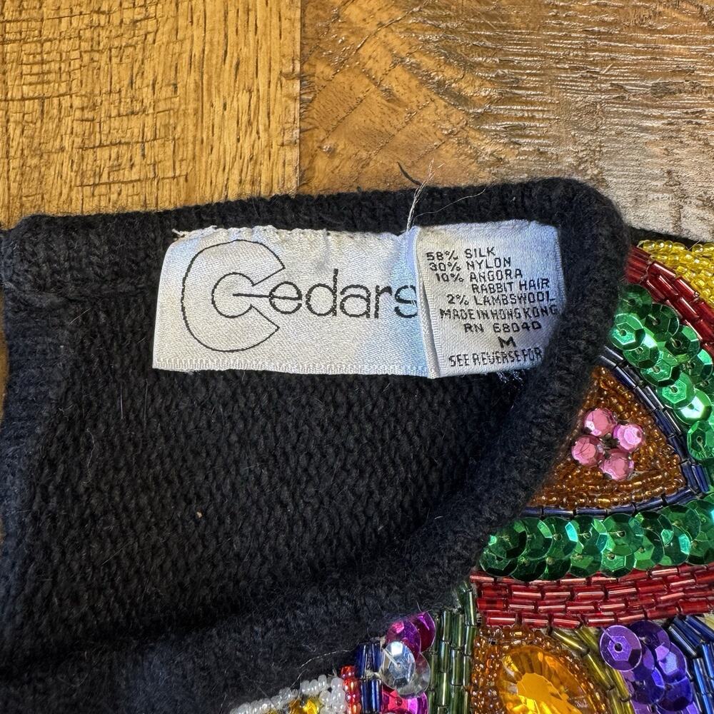 VTG 80’s Cedars Woman Silk Angora Wool Sweater Peacock Feathers Sequin Womens M - Picture 3 of 6